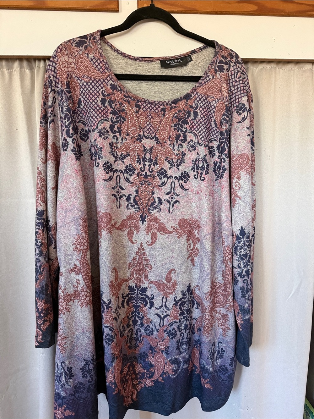 Anna York Pink & Navy Paisley Long Sleeve Scoop Neck Top
